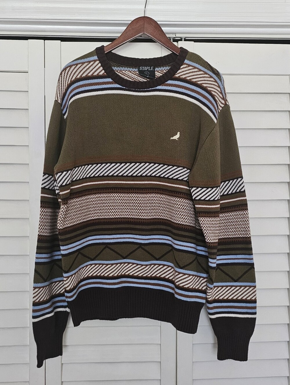 Staple Pigeon Macdougal Sweater Size L Olive Green Crew Neck Stripe Knit Mens - Picture 2 of 11